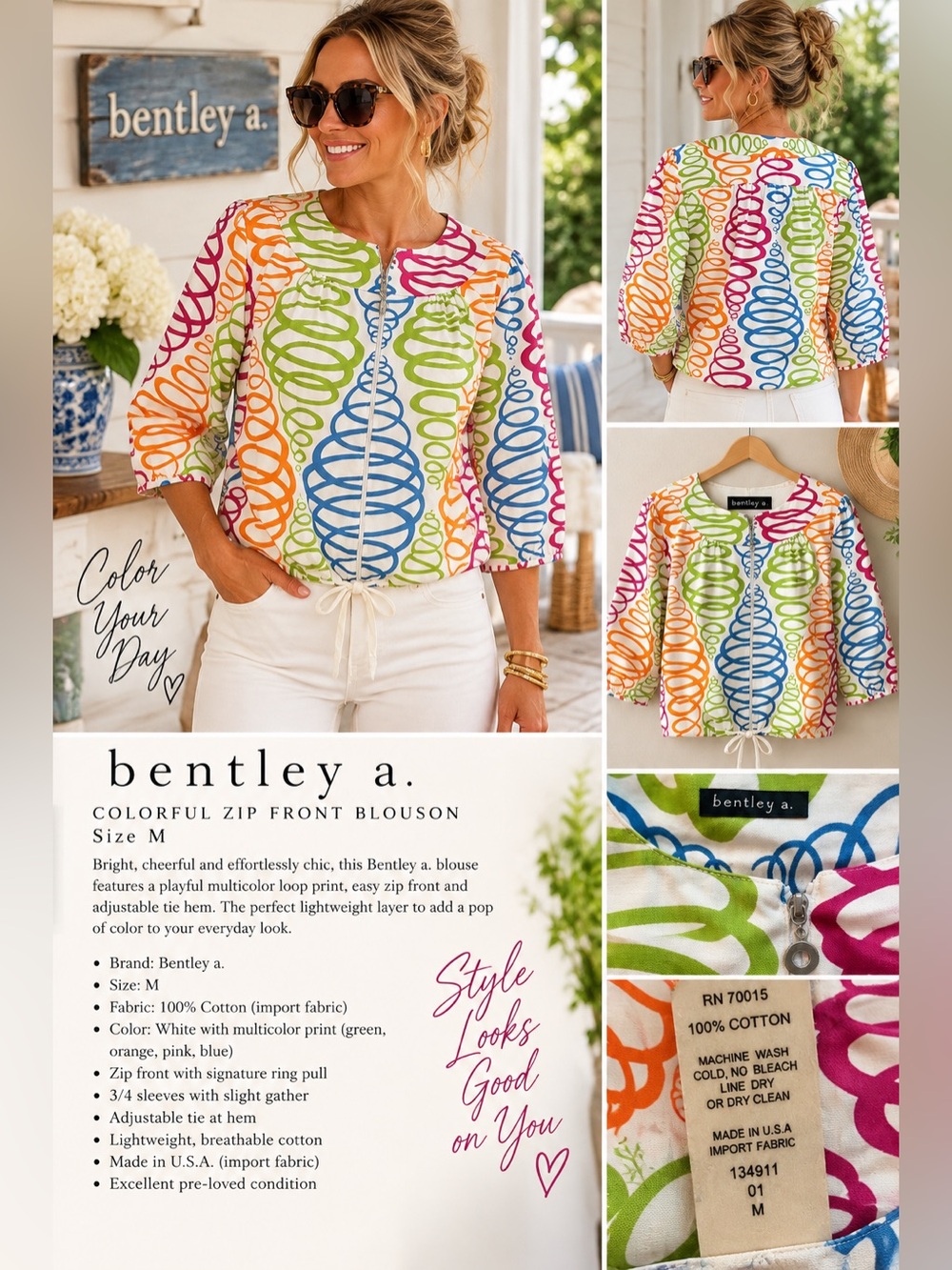 Y2K Bentley a. Mod Abstract Swirl Cotton Zip Blouson Tie Hem Top Made USA Size M